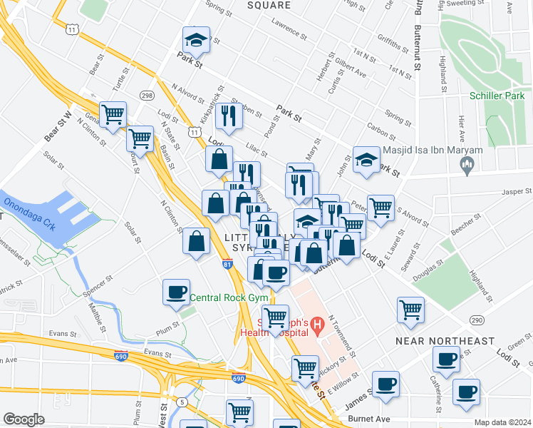 map of restaurants, bars, coffee shops, grocery stores, and more near 1007 North Townsend Street in Syracuse