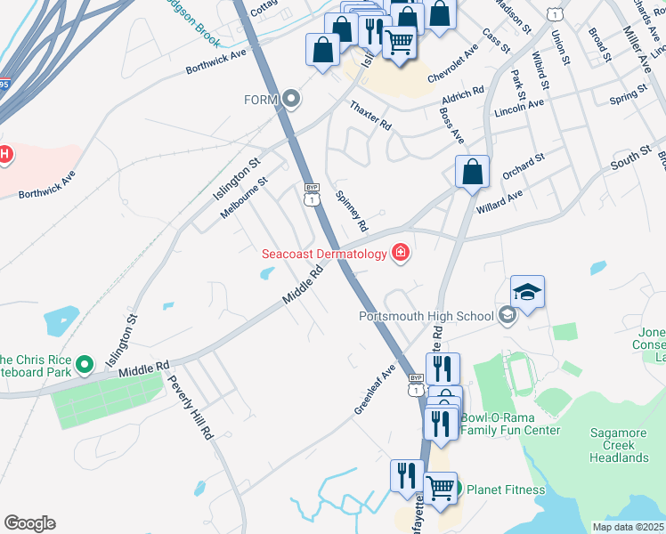 map of restaurants, bars, coffee shops, grocery stores, and more near 400 New Hampshire 33 in Portsmouth