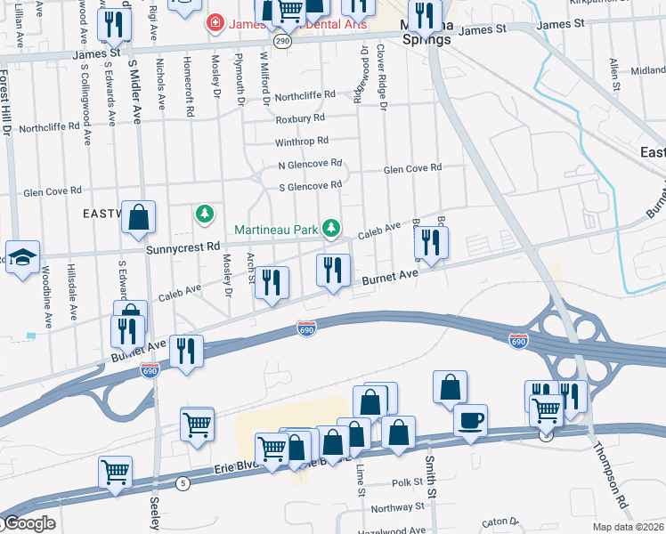 map of restaurants, bars, coffee shops, grocery stores, and more near 1548 Caleb Avenue in Syracuse