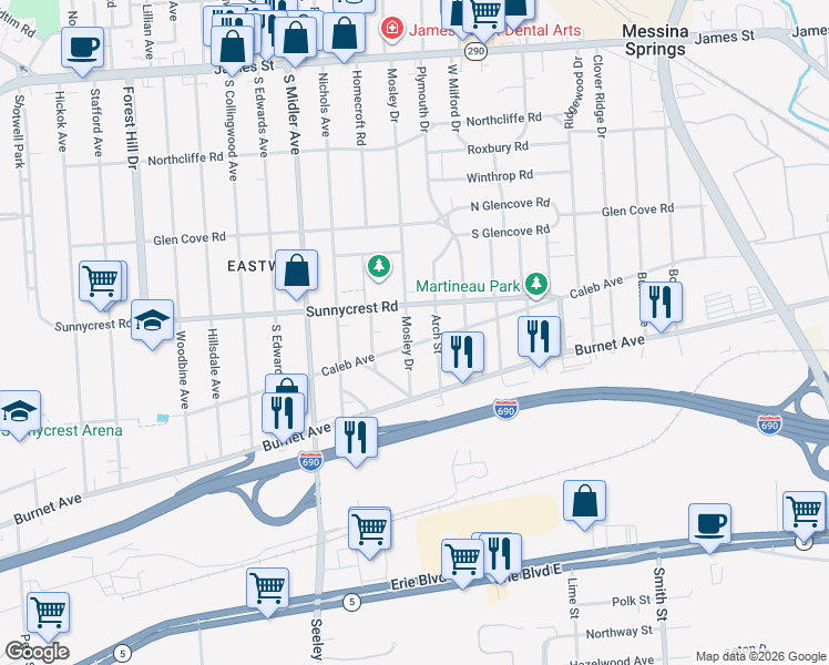 map of restaurants, bars, coffee shops, grocery stores, and more near 1052 Sunnycrest Road in Syracuse