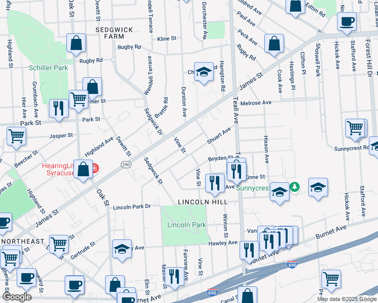 map of restaurants, bars, coffee shops, grocery stores, and more near 213 Dorothy Street in Syracuse