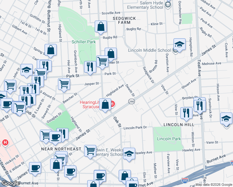 map of restaurants, bars, coffee shops, grocery stores, and more near 323 Highland Avenue in Syracuse