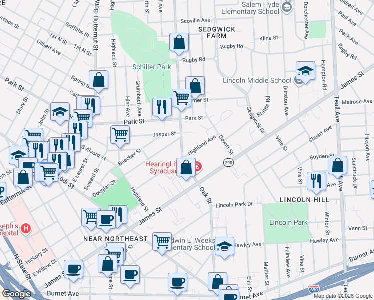 map of restaurants, bars, coffee shops, grocery stores, and more near in Syracuse