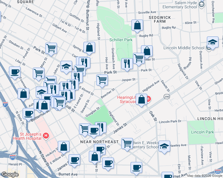 map of restaurants, bars, coffee shops, grocery stores, and more near 134 Jasper Street in Syracuse