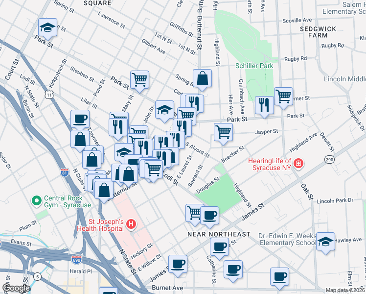 map of restaurants, bars, coffee shops, grocery stores, and more near 808 Butternut Street in Syracuse