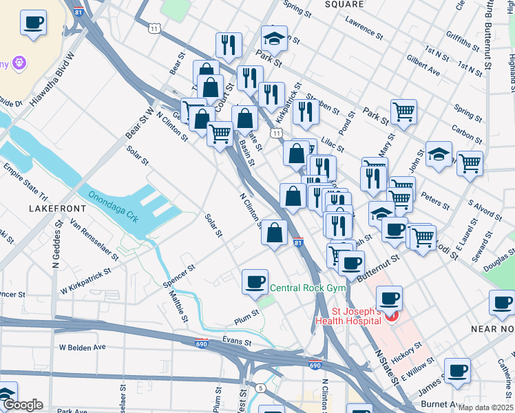 map of restaurants, bars, coffee shops, grocery stores, and more near 101 Kirkpatrick Street in Syracuse