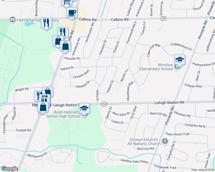 map of restaurants, bars, coffee shops, grocery stores, and more near 223 Valiant Drive in Rochester
