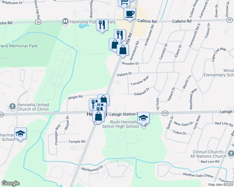 map of restaurants, bars, coffee shops, grocery stores, and more near 2920 East Henrietta Road in Henrietta