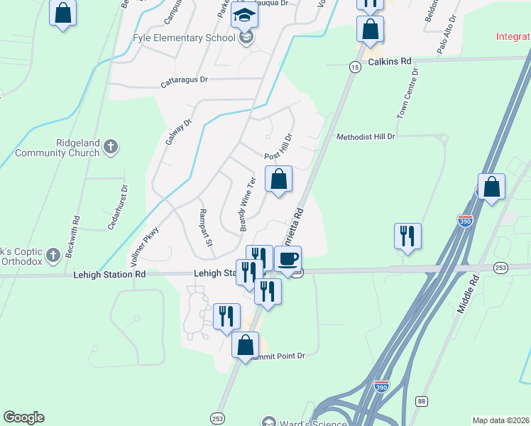 map of restaurants, bars, coffee shops, grocery stores, and more near 32 Crystal Valley Overlook in Rochester