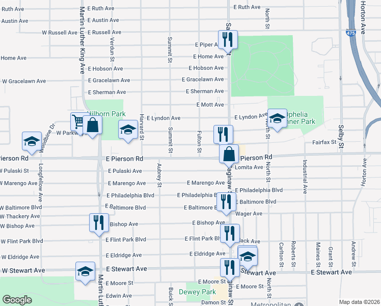 map of restaurants, bars, coffee shops, grocery stores, and more near 521 East Ridgeway Avenue in Flint