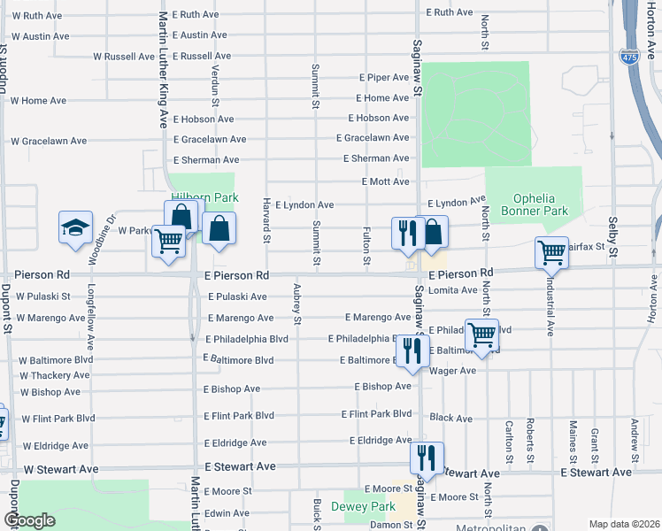 map of restaurants, bars, coffee shops, grocery stores, and more near 405 East Ridgeway Avenue in Flint