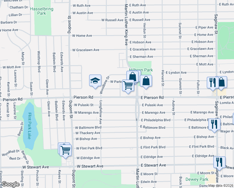 map of restaurants, bars, coffee shops, grocery stores, and more near 302 West Ridgeway Avenue in Flint