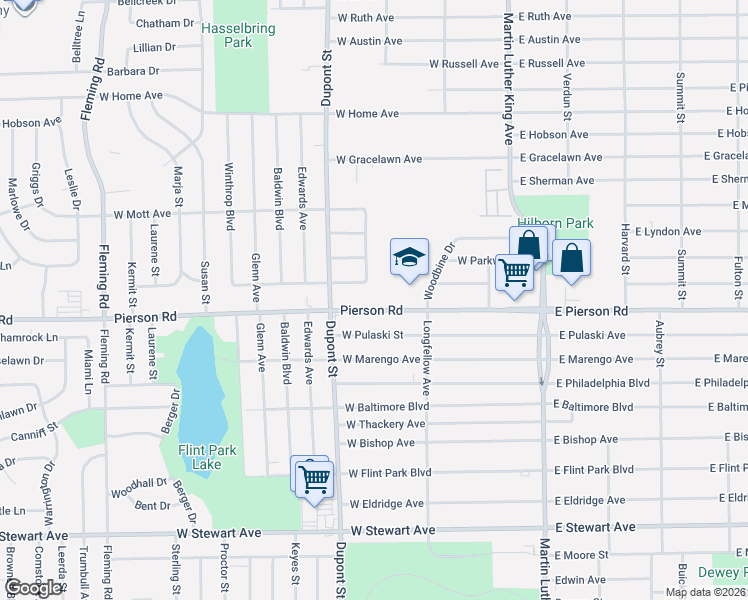 map of restaurants, bars, coffee shops, grocery stores, and more near 5306 Granville Avenue in Flint