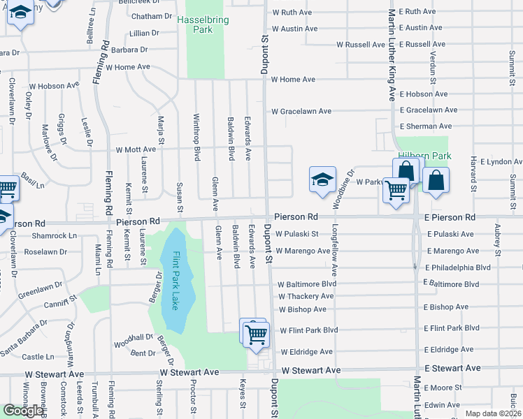 map of restaurants, bars, coffee shops, grocery stores, and more near 5302 Edwards Avenue in Flint