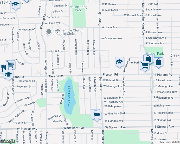 map of restaurants, bars, coffee shops, grocery stores, and more near 906 West Ridgeway Avenue in Flint