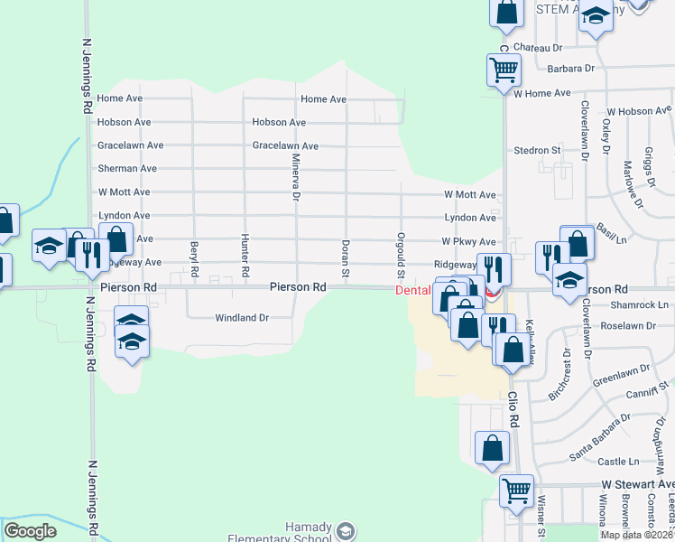 map of restaurants, bars, coffee shops, grocery stores, and more near 3227 West Parkway Avenue in Flint