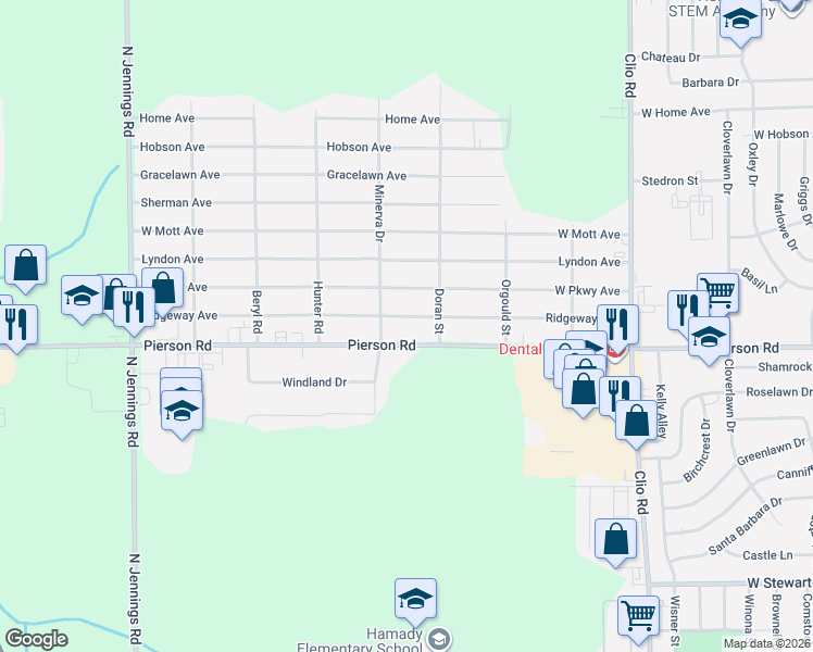 map of restaurants, bars, coffee shops, grocery stores, and more near 3227 West Parkway Avenue in Flint
