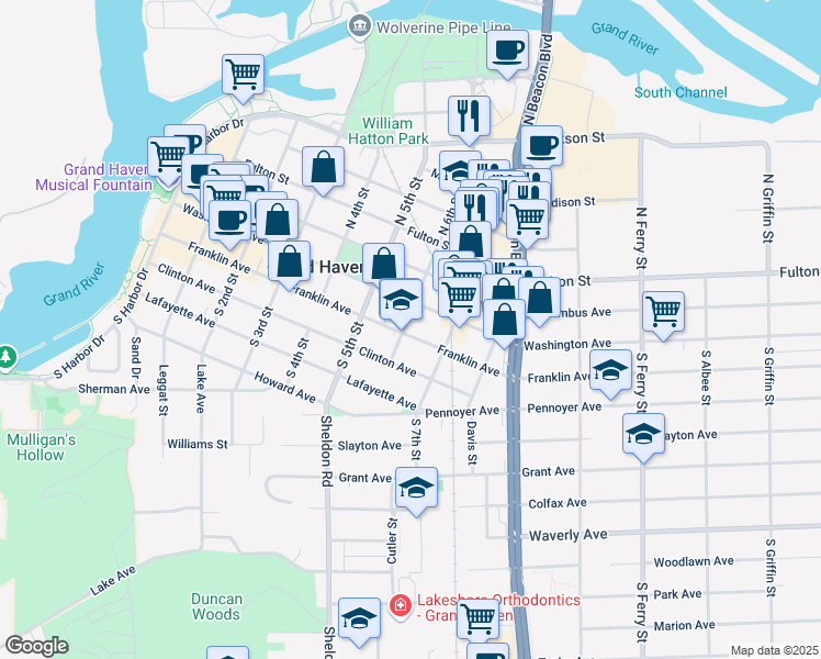 map of restaurants, bars, coffee shops, grocery stores, and more near 603 Washington Avenue in Grand Haven