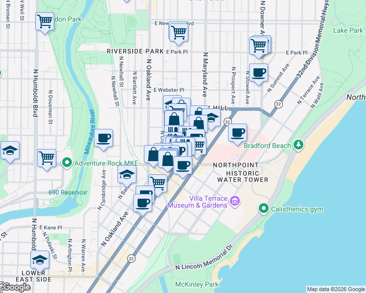 map of restaurants, bars, coffee shops, grocery stores, and more near 2428 North Murray Avenue in Milwaukee
