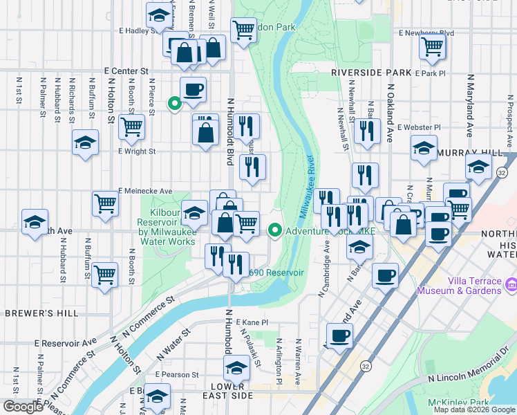 map of restaurants, bars, coffee shops, grocery stores, and more near 1239 East Meinecke Avenue in Milwaukee