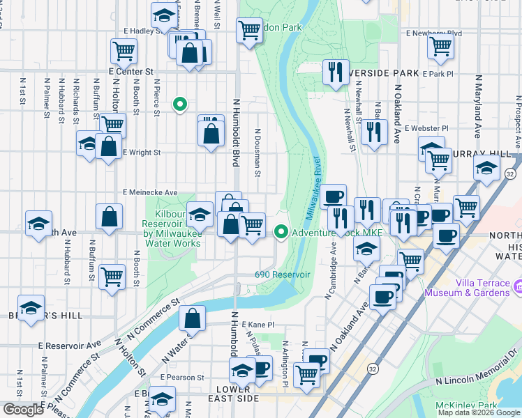 map of restaurants, bars, coffee shops, grocery stores, and more near 1125 East Meinecke Avenue in Milwaukee