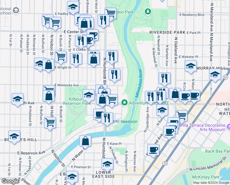 map of restaurants, bars, coffee shops, grocery stores, and more near 1125 East Meinecke Avenue in Milwaukee