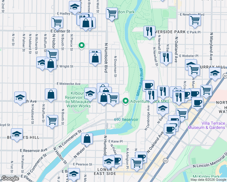 map of restaurants, bars, coffee shops, grocery stores, and more near 1125 East Meinecke Avenue in Milwaukee
