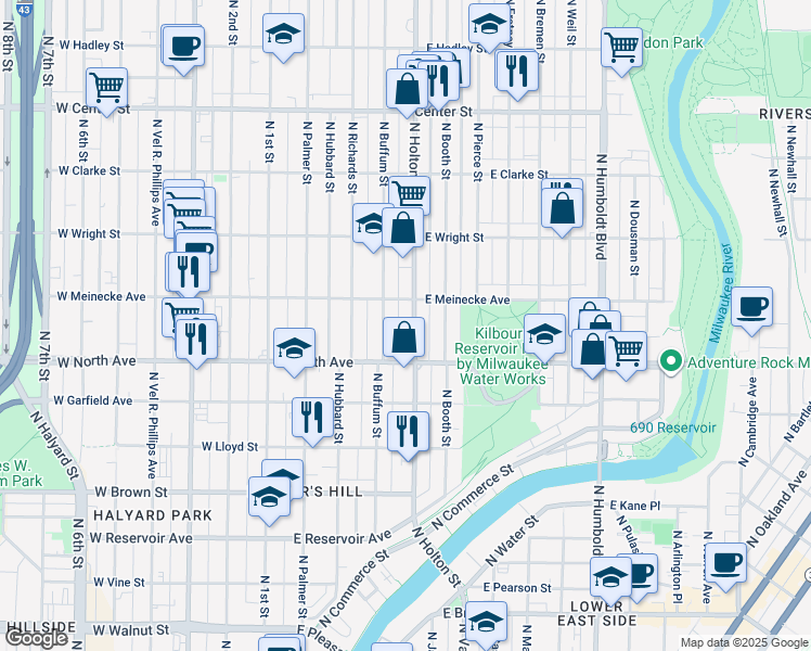 map of restaurants, bars, coffee shops, grocery stores, and more near 413 East Meinecke Avenue in Milwaukee