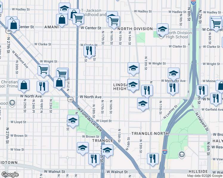 map of restaurants, bars, coffee shops, grocery stores, and more near 1609 West Meinecke Avenue in Milwaukee