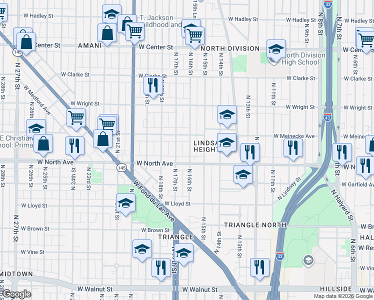 map of restaurants, bars, coffee shops, grocery stores, and more near 1607 West Meinecke Avenue in Milwaukee
