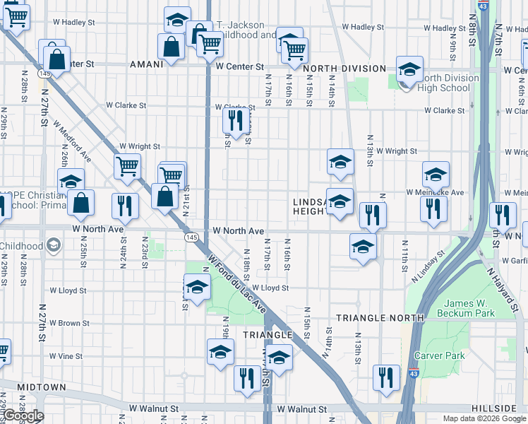 map of restaurants, bars, coffee shops, grocery stores, and more near 1717 West Meinecke Avenue in Milwaukee