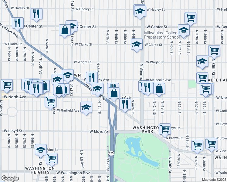 map of restaurants, bars, coffee shops, grocery stores, and more near 2360 North 47th Street in Milwaukee