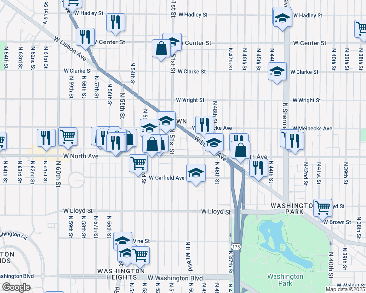 map of restaurants, bars, coffee shops, grocery stores, and more near 2357 North 50th Street in Milwaukee
