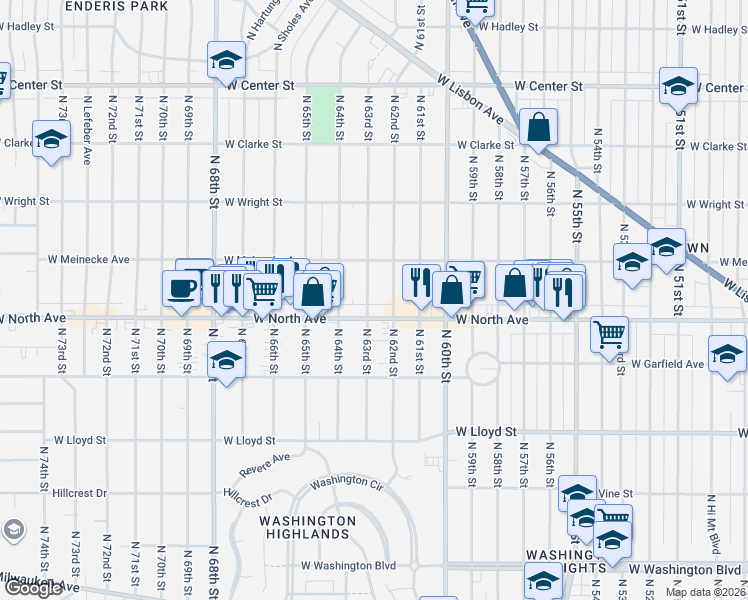 map of restaurants, bars, coffee shops, grocery stores, and more near 2355 North 62nd Street in Wauwatosa