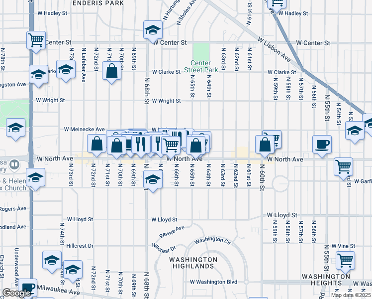 map of restaurants, bars, coffee shops, grocery stores, and more near 2358 North 66th Street in Wauwatosa