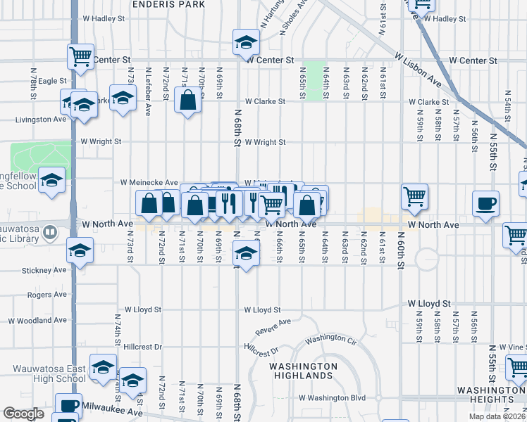 map of restaurants, bars, coffee shops, grocery stores, and more near 2356 North 67th Street in Wauwatosa