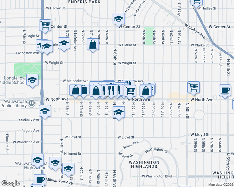 map of restaurants, bars, coffee shops, grocery stores, and more near 2350 North 68th Street in Wauwatosa