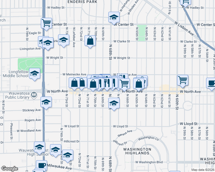 map of restaurants, bars, coffee shops, grocery stores, and more near 2350 North 68th Street in Wauwatosa
