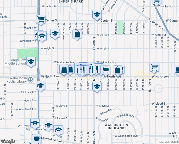 map of restaurants, bars, coffee shops, grocery stores, and more near 2359 North 69th Street in Wauwatosa