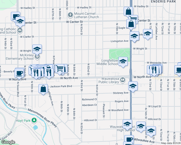 map of restaurants, bars, coffee shops, grocery stores, and more near 2363 North 81st Street in Wauwatosa
