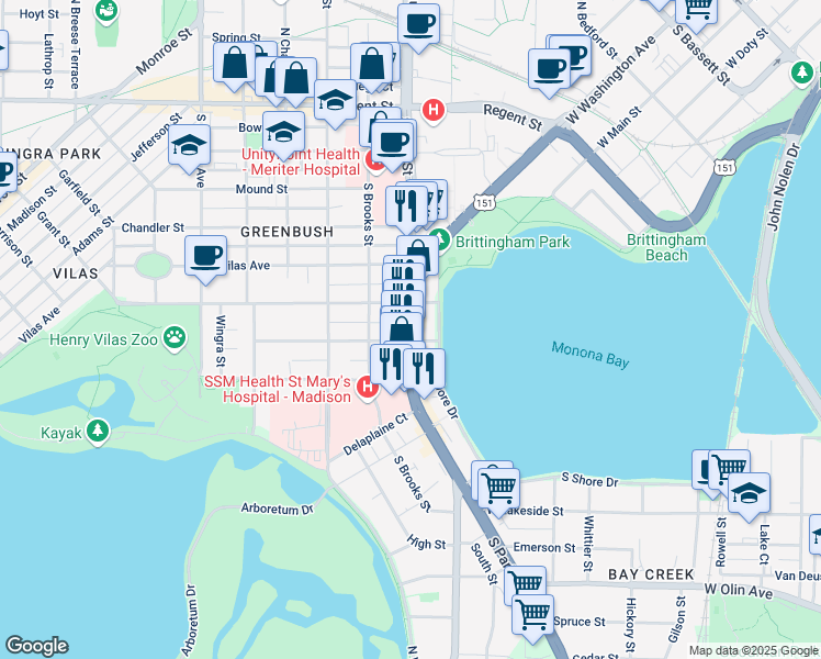 map of restaurants, bars, coffee shops, grocery stores, and more near 902 Drake Street in Madison