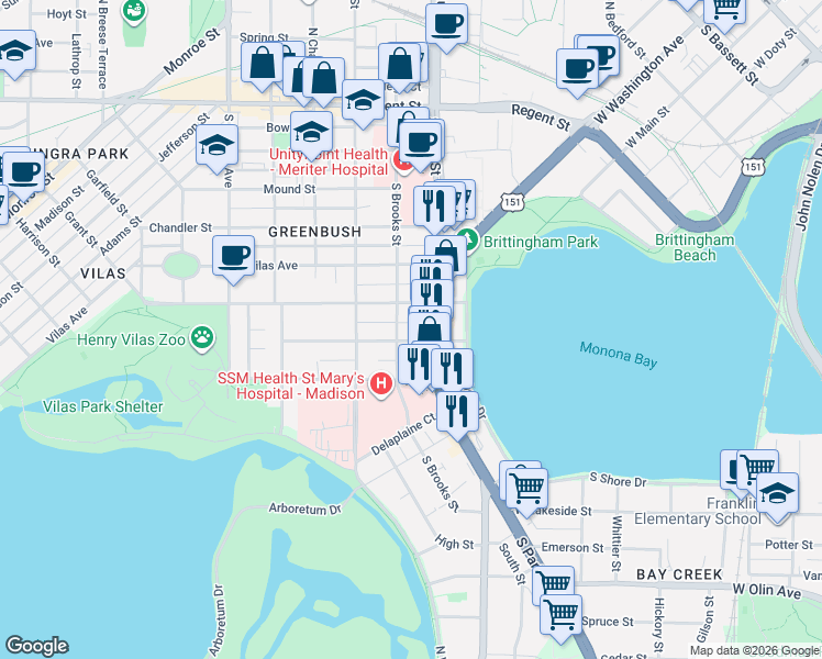 map of restaurants, bars, coffee shops, grocery stores, and more near 902 Drake Street in Madison