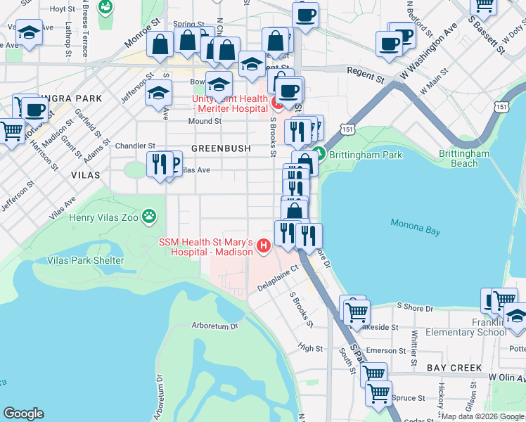 map of restaurants, bars, coffee shops, grocery stores, and more near 1017 Drake Street in Madison