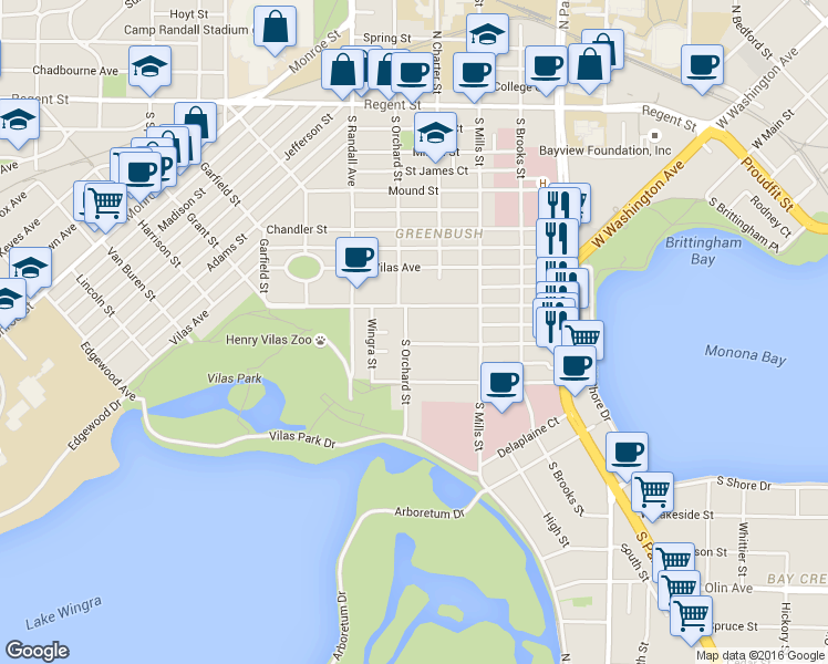 map of restaurants, bars, coffee shops, grocery stores, and more near 1203 Drake Street in Madison