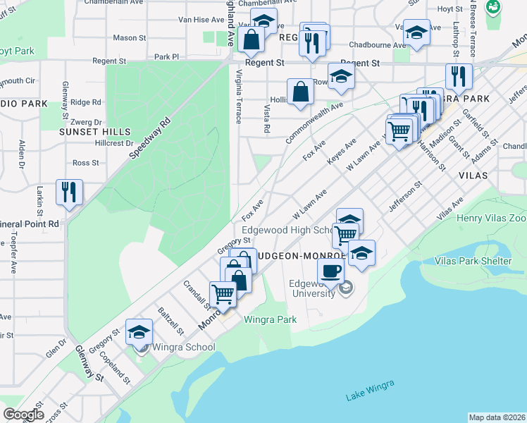 map of restaurants, bars, coffee shops, grocery stores, and more near 2402 Fox Avenue in Madison