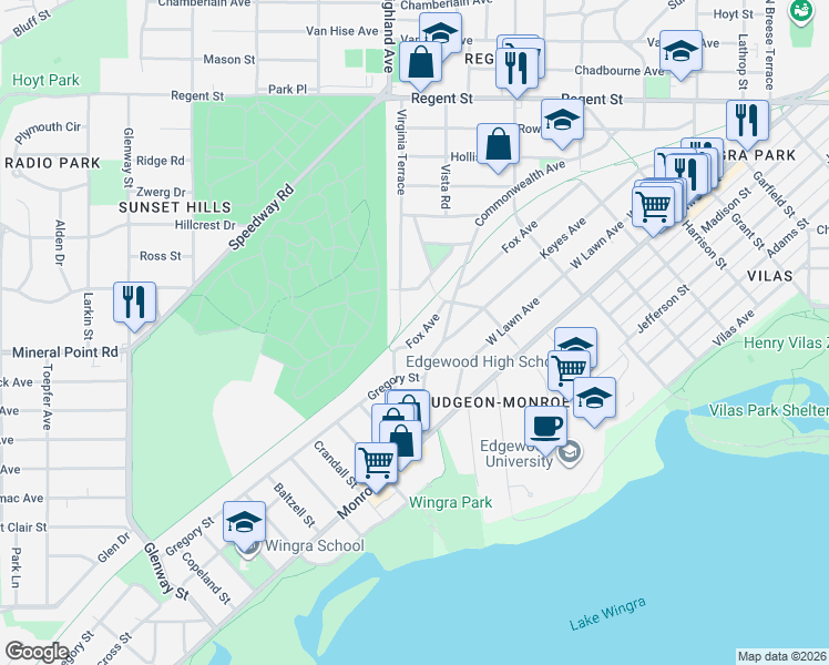 map of restaurants, bars, coffee shops, grocery stores, and more near 2402 Fox Avenue in Madison