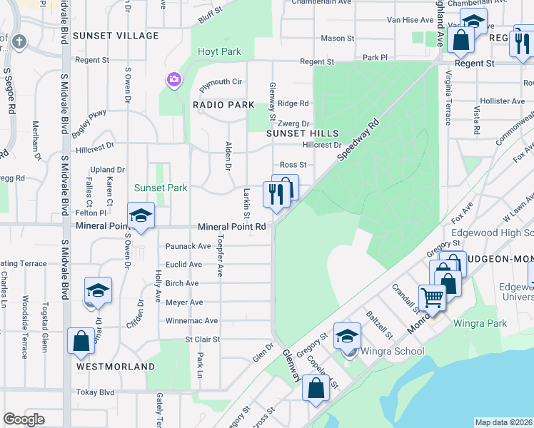map of restaurants, bars, coffee shops, grocery stores, and more near 310 Glenway Street in Madison