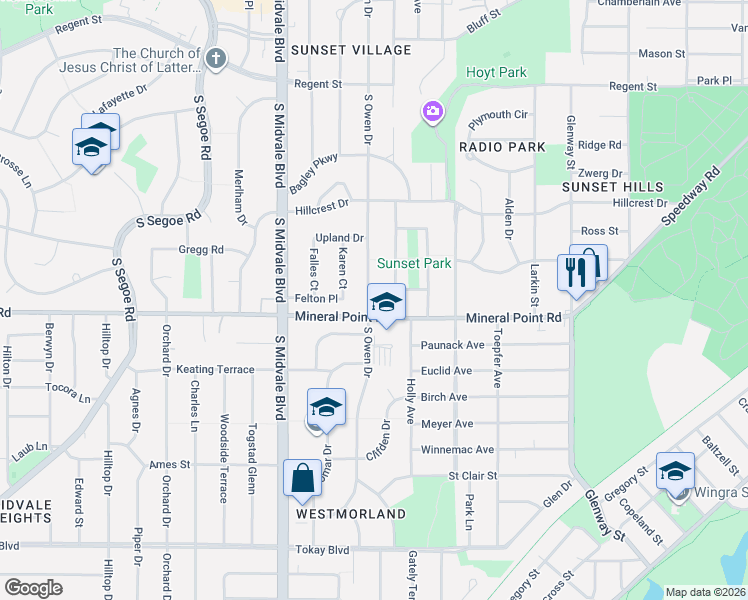 map of restaurants, bars, coffee shops, grocery stores, and more near 314 West Sunset Court in Madison
