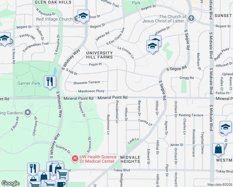 map of restaurants, bars, coffee shops, grocery stores, and more near 326 Cheyenne Trail in Madison