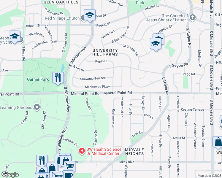 map of restaurants, bars, coffee shops, grocery stores, and more near 326 Racine Road in Madison